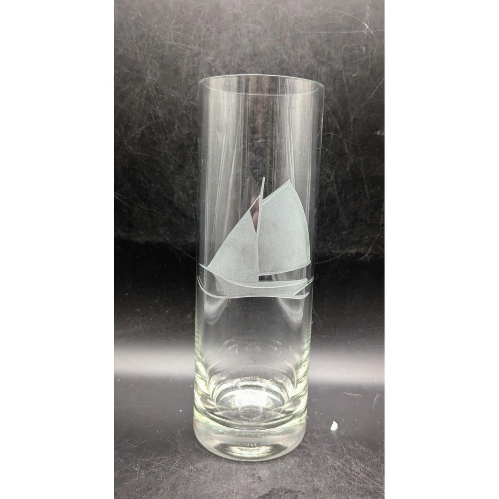 Vintage Clear Glass Etched Vase Sailboat Nautical Decor Signed 10"